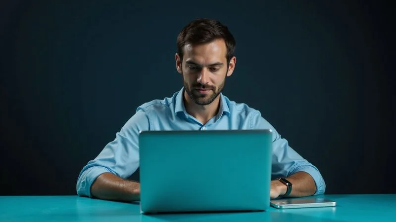 Business owner writing SEO-optimised blog content on a laptop in their office